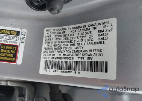 2015 Honda Cr-V Lx from USA, damaged, VIN 2HKRM4H30FH700534